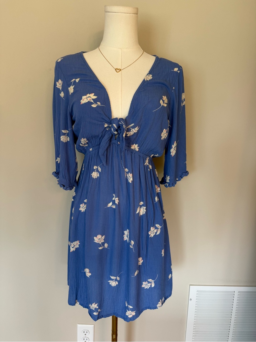 Billabong Blue Floral Tie Front Mini Dress Boho Beach Cottagecore Small Cover Up